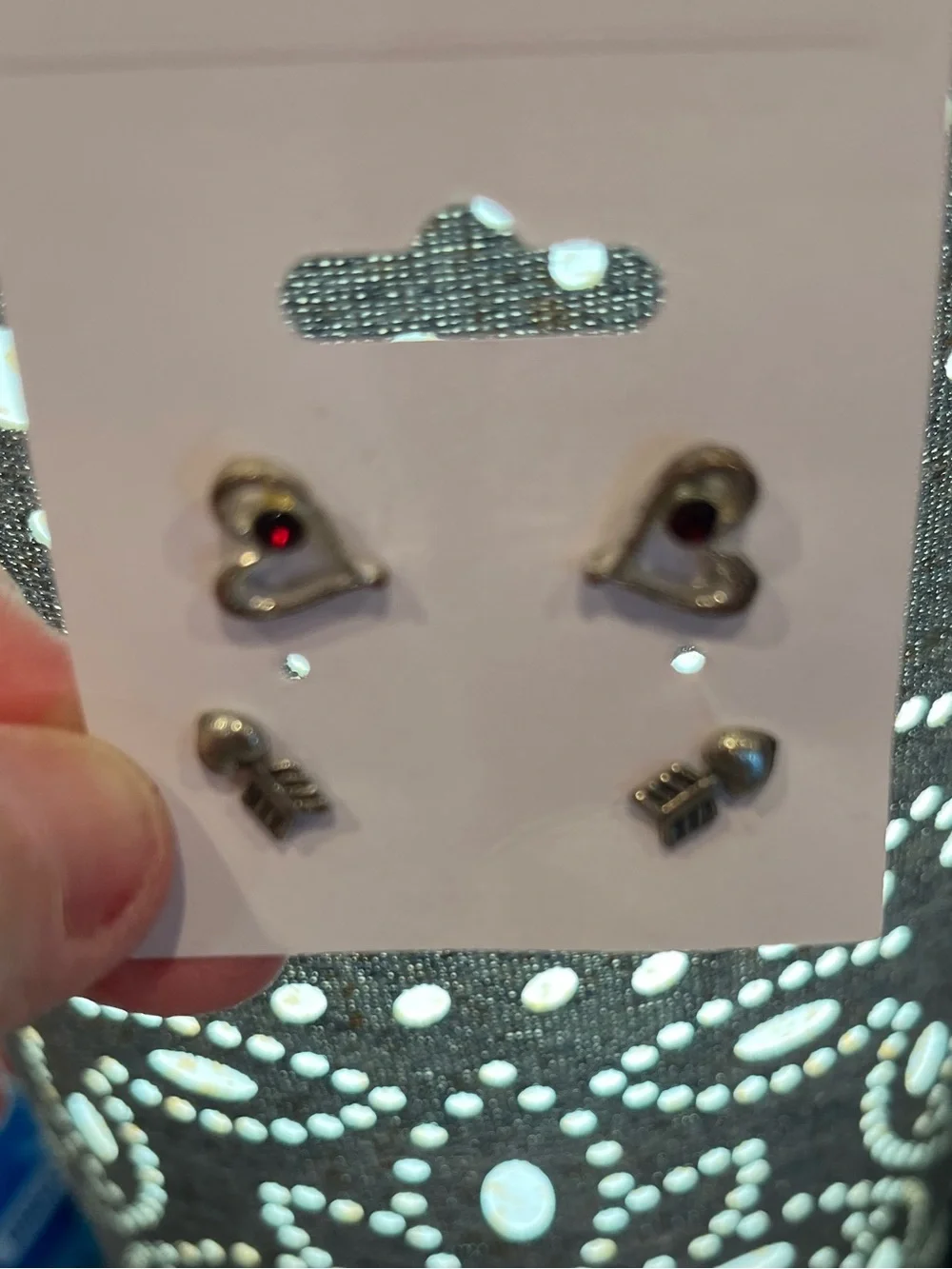 Vintage Heart & Arrow Silver Stud Earring Set with Red Accent Stones